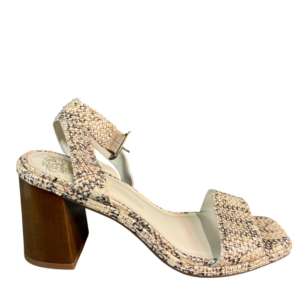NWOB Vince Camuto Womens Block Heel Sandals Woven Ankle Strap Square Toe Tan 7.5